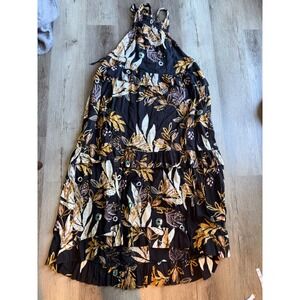 Free People Extratropical Maxi Dress Womens Small Black Floral Tiered Good Boho